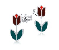 Dark Red Tulip Silver Ear Stud STS-3467